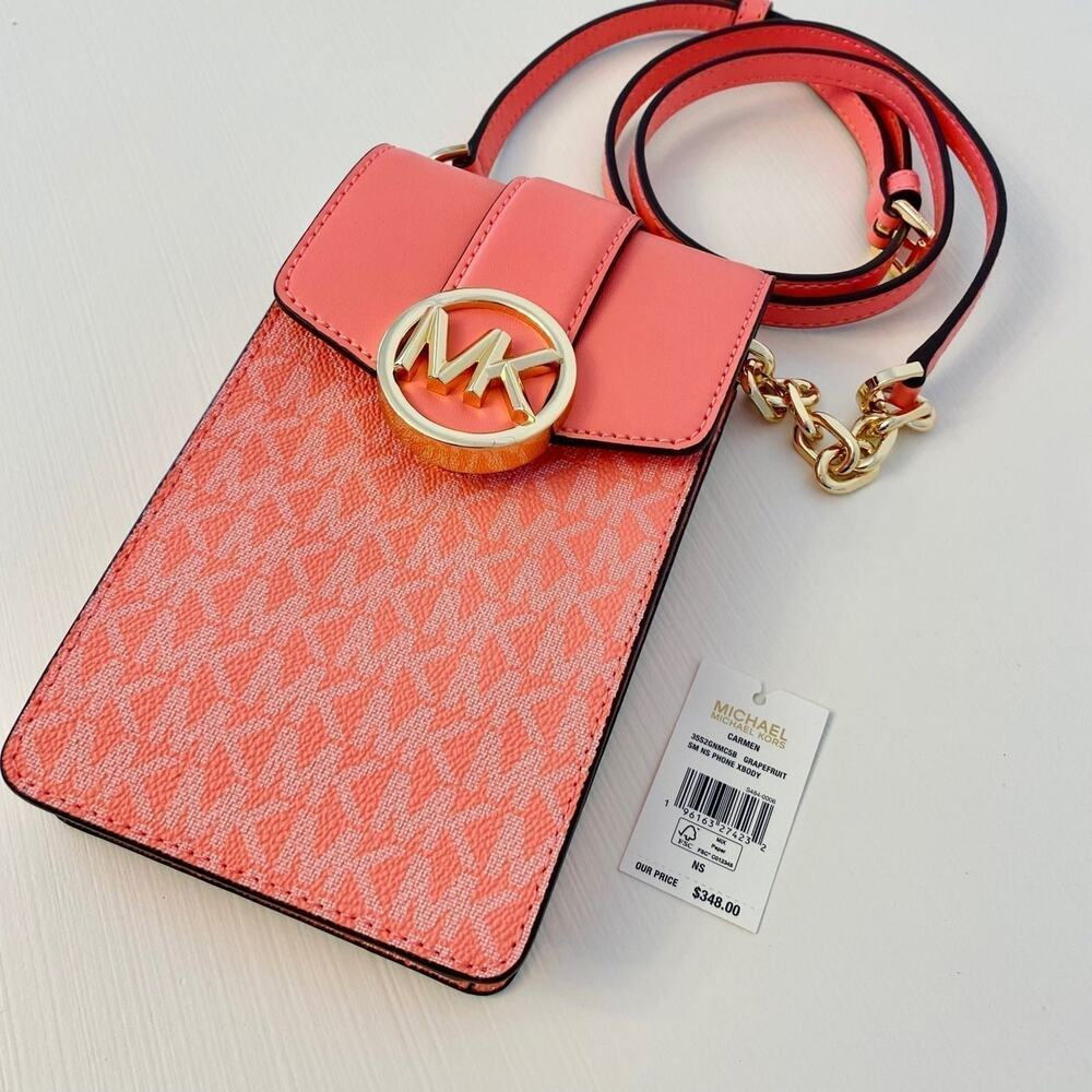 Michael Kors Purse Carmen Phone Crossbody Bag Grapefruit - Picture 9 of 11